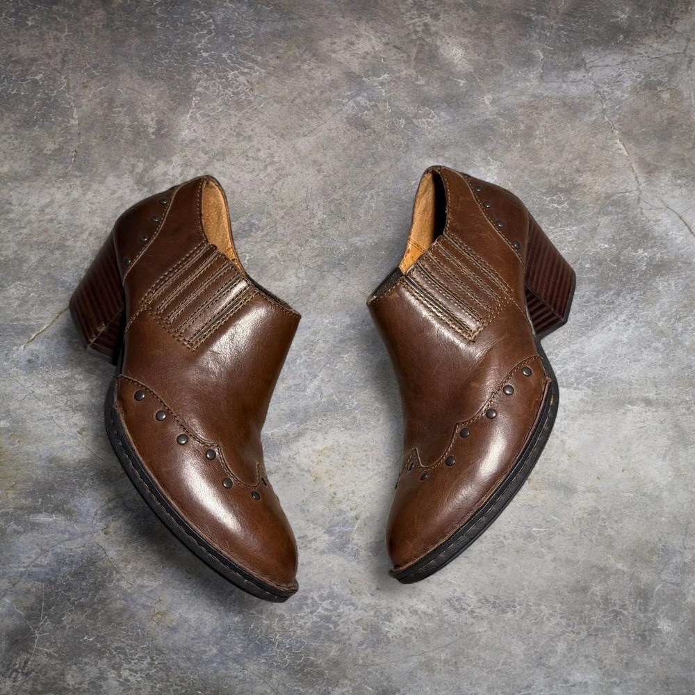 Born Brown Leather Studded Western Ankle Booties Women's 8.5
